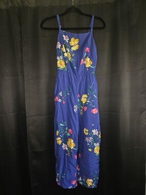 Old Navy Blue Floral Wide Leg Jumpsuit with Yellow & Pink Blooms With Pockets